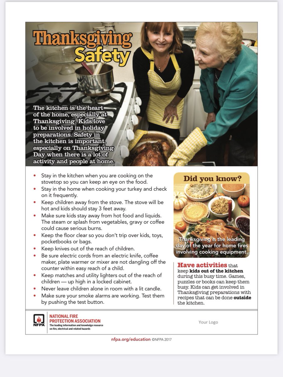 With many people celebrating Thanksgiving today, take the time to check out these cooking safety tips from the @NFPA 

DYK? Thanksgiving is the leading day of the year for home fires involving cooking equipment!

#FirePreventionWeek #cookingsafetystartswithYOU