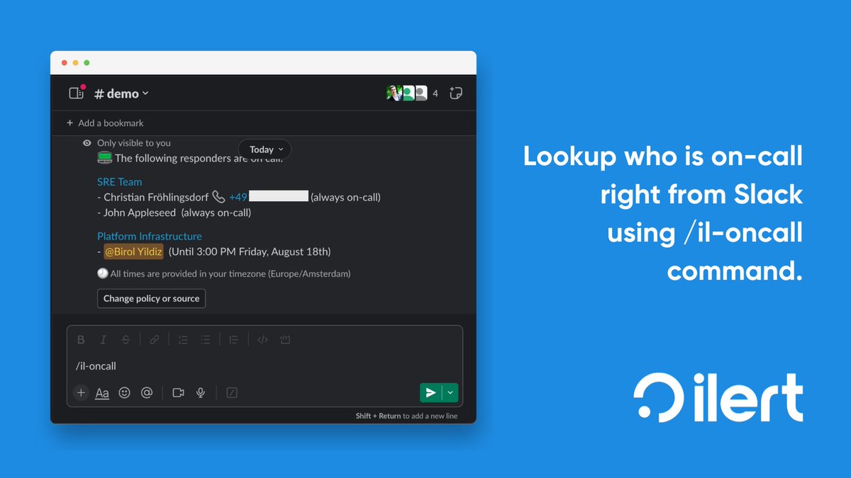 ilerthq's tweet photo. 📯 Introducing our latest feature: Slack On-Call Lookup. No more scrolling through endless messages or asking around–now you can effortlessly find out who's on-call in your @SlackHQ channel with a quick command. Boost your team's productivity: https://t.co/Hj6hoM5rbu https://t.co/Uz4ztVSb7U