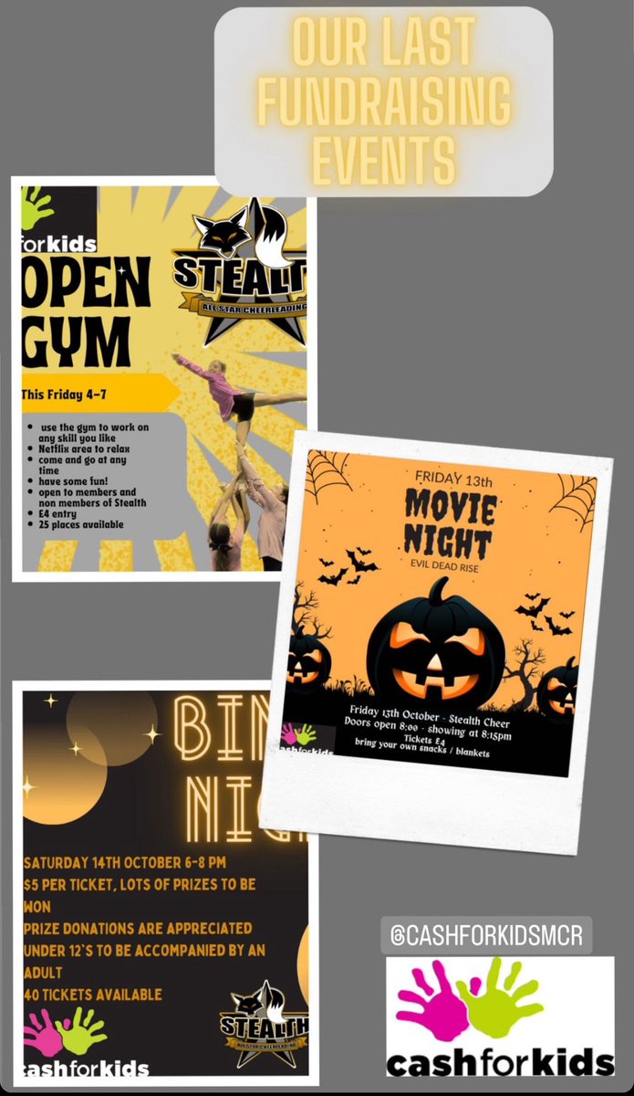 As we come to the end of our 4 week fundraising challenge for @cashforkidsMCR these are our last fundraising events. -Open gym this Friday 4/7✨ -Spooky movie night this Friday 8:00 and last but certainly not least, A TEAM WIDE bingo night!! 😮🖤