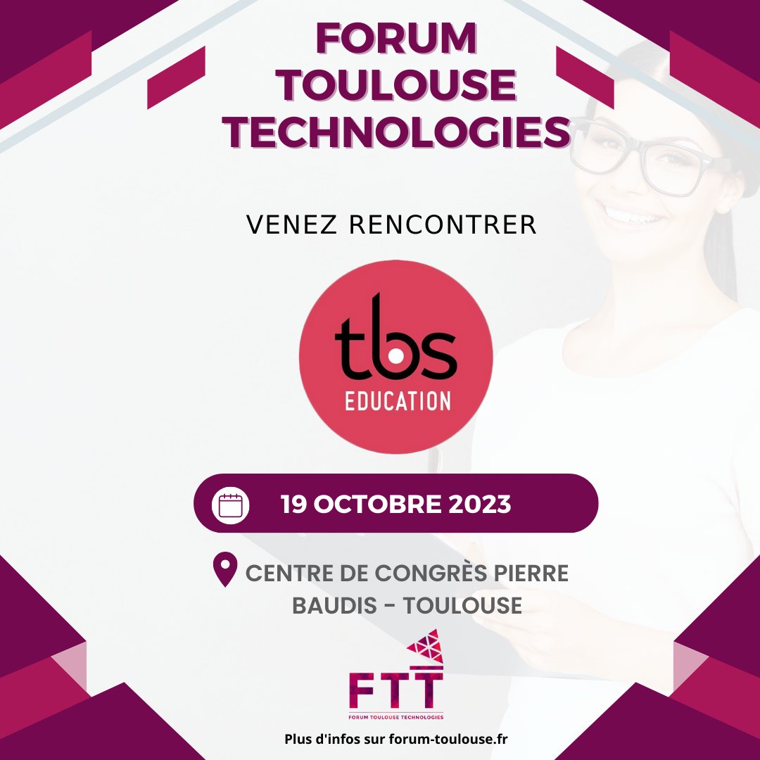 Vous êtes en recherche de formation 🎓 ? Rencontrez notre école 🏤 partenaire : TBS EDUCATION 

Partez à la découverte de nouveaux parcours de formation.

✅ Inscription gratuite et obligatoire!

✔ Save the Date - 19/10/2023 ➡ bit.ly/ftt23
