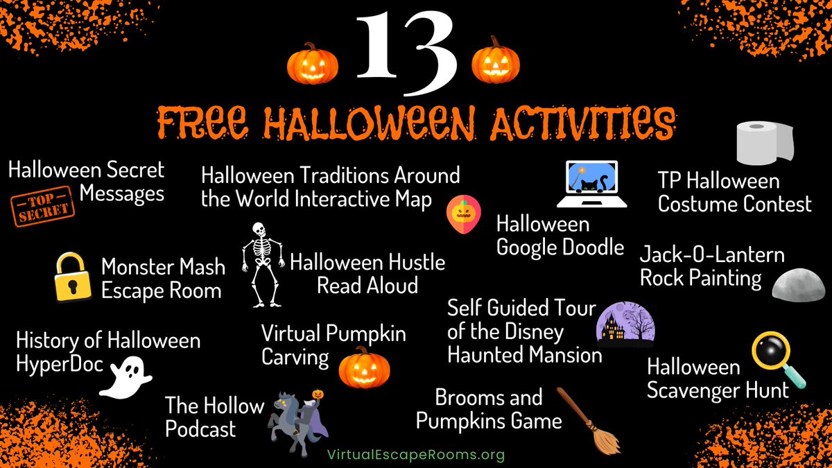 Get into the👻spooky spirit with these 13 FREE #Halloween activities! 

🔐NEW Monster Mash Escape Room 
🔎Secret messages
🕰History of Halloween #HyperDoc
🗺Halloween Around the World <a href="/genially/">Genially</a>
🎃Virtual pumpkin carving 
📙 BONUS! 20-page activity pack

virtualescaperooms.org/free-halloween…