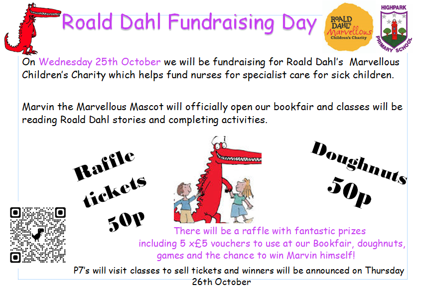 We are hosting a Roald Dahl Fundraising Day on Wednesday 25th October to help raise funds for <a href="/RoaldDahlFund/">Roald Dahl Charity</a> .  Children will be reading Roald Dahl stories and completing activities.  There will be a Raffle with prizes. Tickets will be 50p. #reading #supportingcharities