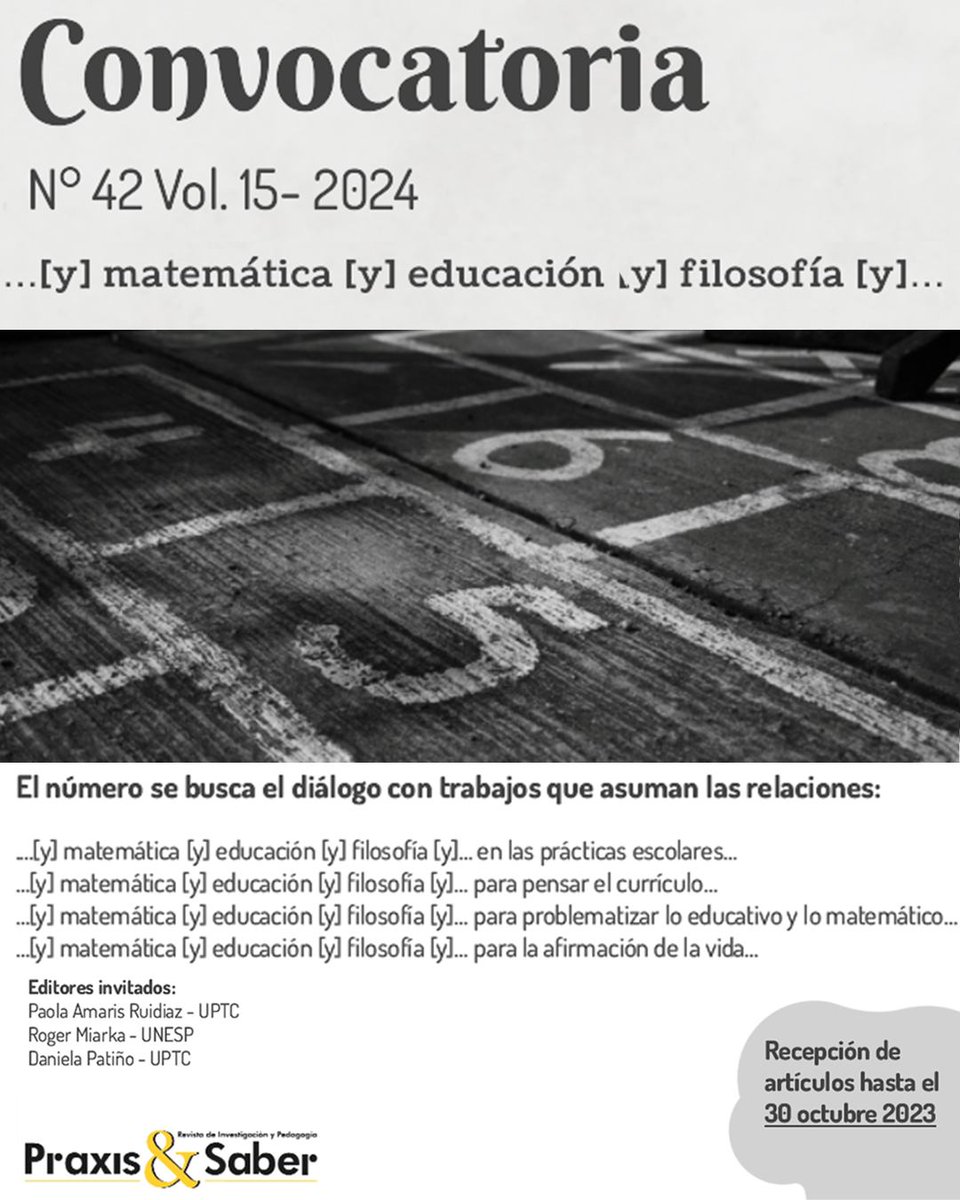 #PraxisySaber Cordial saludo Estimados investigadores 🗣  Los invitamos a participar de la convocatoria  N° 42 Vol. 15- 2024 …[y] matemática [y] educación [y] filosofía [y]… Recibiremos sus manuscritos hasta el  30 de octubre del 2023. revistas.uptc.edu.co/index.php/prax… #educacion #UPTC