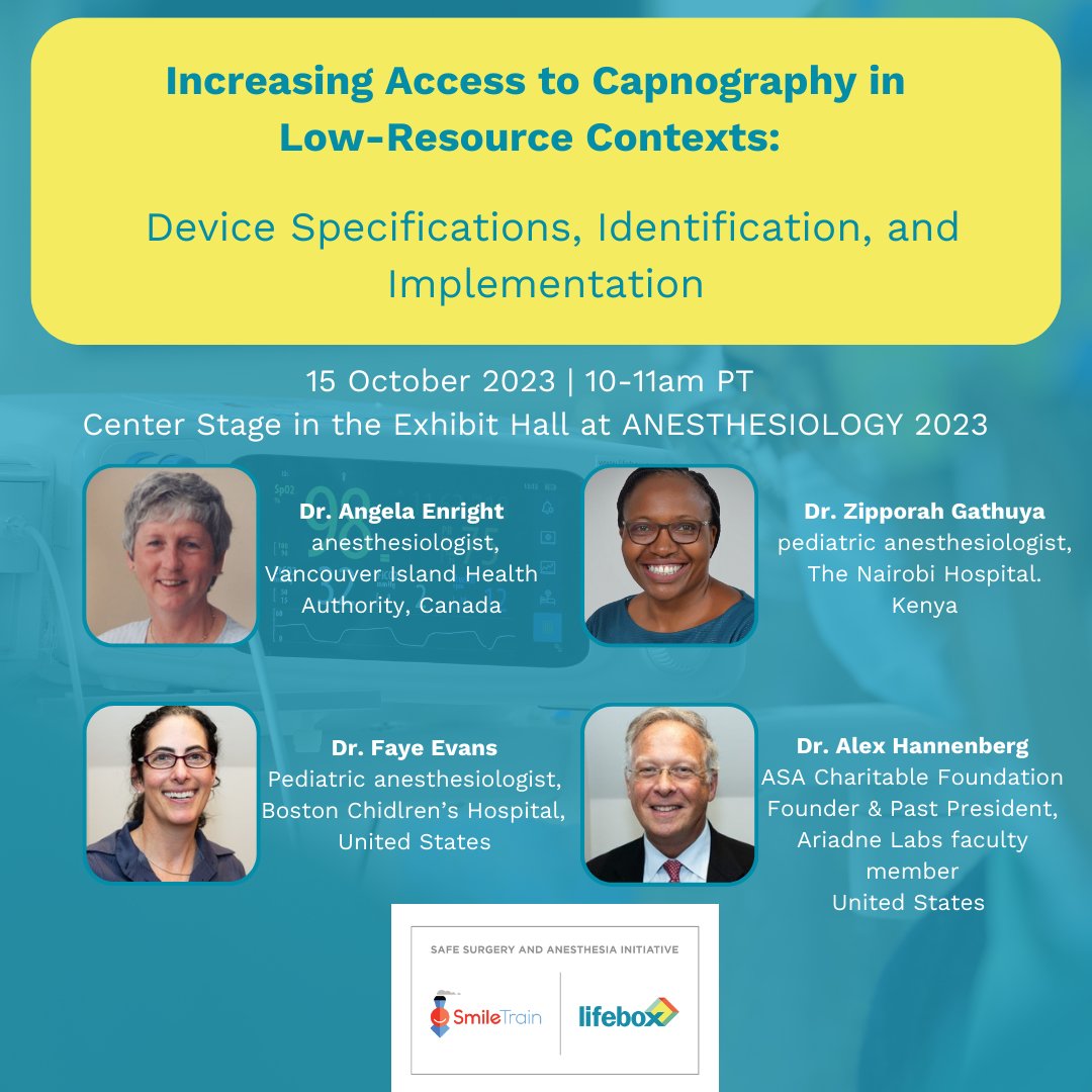 Join us for our panel, Increasing Access to Capnography in Low-Resource Contexts: Device Specifications, Identification, and Implementation at #ANES23 and learn about our efforts to expand capnography! When?: Oct 15th at 10:00am Where?: Center Stage in the Exhibit Hall