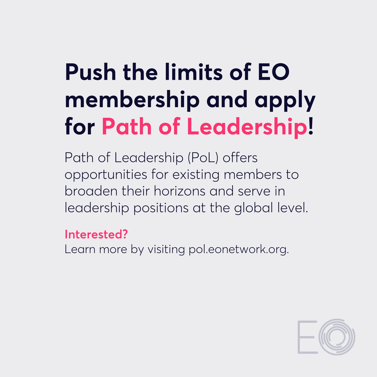 EntrepreneurOrg's tweet photo. Serve in EO leadership positions by being one of our Regional Council Members, Standing Committee Members, Portfolio and ChangeEO Project Team Members in the next fiscal year (FY 2024-25).  

Apply now until 1 December. For more details, visit here: https://t.co/wQu1JDSI37.

Path of Leadership roles are for EO members only.

#EOPoL  #Entrepreneurship #Leadership #ThinkBigBeBold #TogetherWeGrow