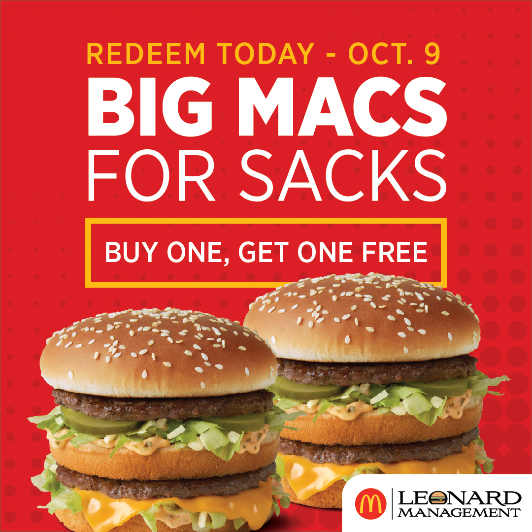 Get your game face on and celebrate the Huskers' big sack over the weekend with a BOGO Big Mac® deal! 🏈🍔 

Redeem your Big Macs today at our locations in Omaha, Norfolk, Fremont, Wayne, Blair, and O'Neill ➡️ bit.ly/3uhTDMr