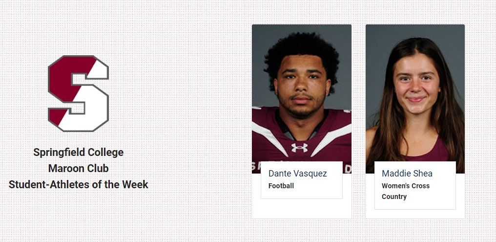 SC_Pride's tweet photo. Congratulations to our #SpringfieldCollege Maroon Club Student-Athletes of the Week, Dante Vasquez and Maddie Shea!  #d3fb #d3xc https://t.co/xSRDclRl3Q https://t.co/UTl2wMYrfg