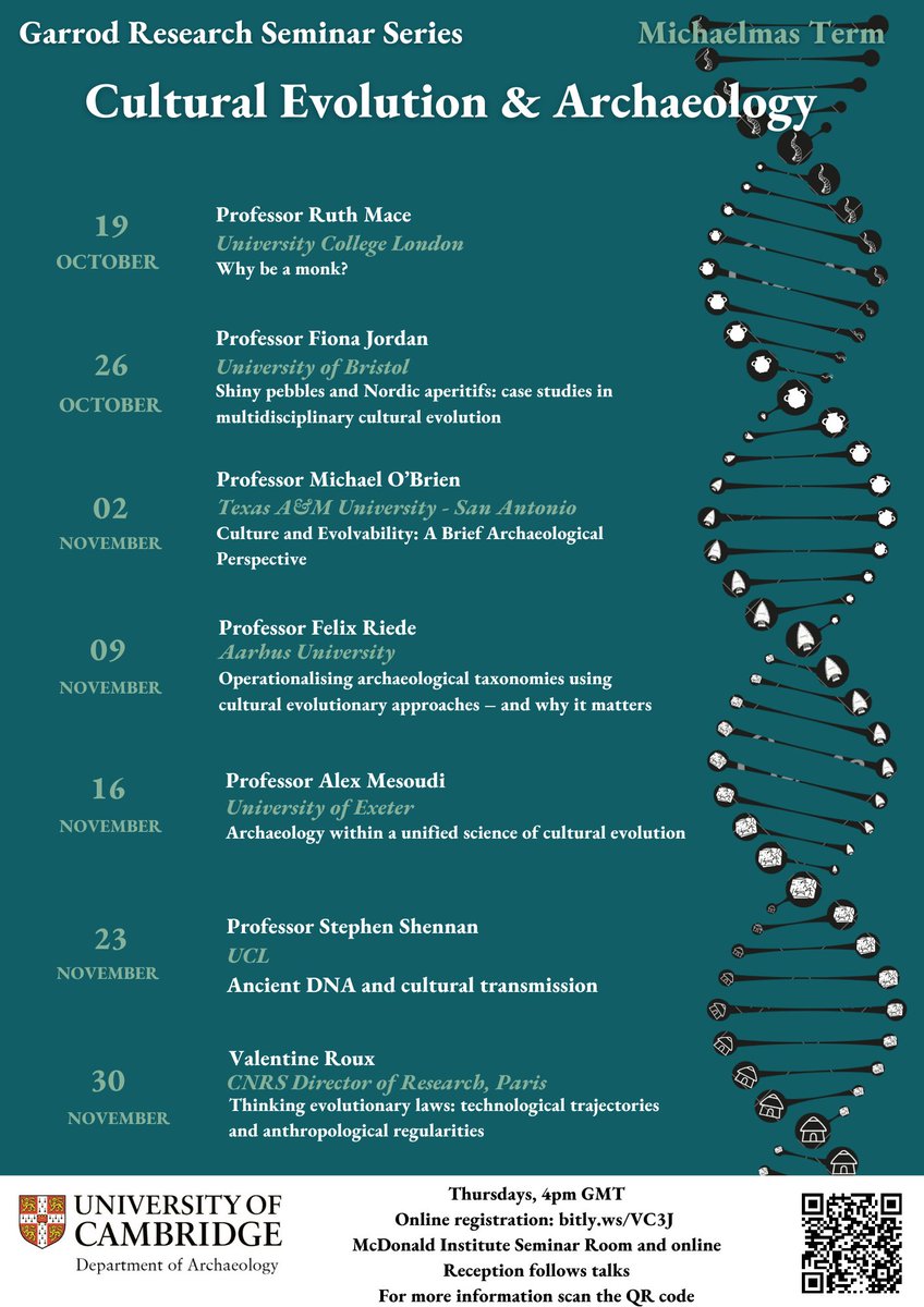 Come and join us for our Garrod Seminar Series for Michaelmas Term! This term's theme is 'Cultural Evolution and Archaeology'. 📅⏲️ Thursdays at 4pm 📍McDonald Research Institute Seminar Room 🍷Followed by a drinks reception 👉Find out more: arch.cam.ac.uk/events/garrod-…