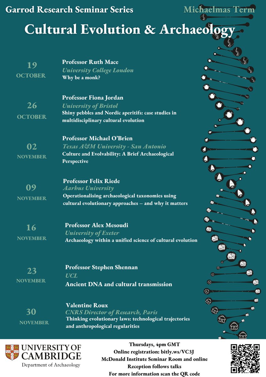 UCamArchaeology's tweet photo. Come and join us for our Garrod Seminar Series for Michaelmas Term! This term's theme is 'Cultural Evolution and Archaeology'.

📅⏲️ Thursdays at 4pm
📍McDonald Research Institute Seminar Room
🍷Followed by a drinks reception

👉Find out more: https://t.co/ToA7zi15us https://t.co/lJIYNcBPVC