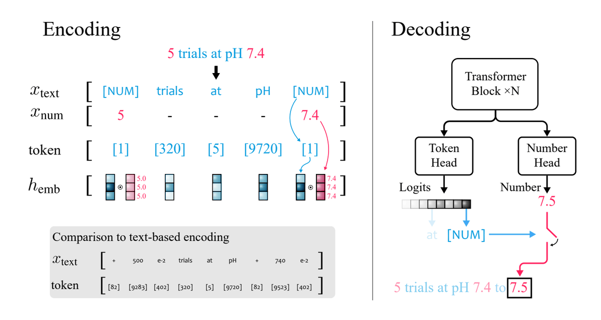 SiavashGolkar's tweet photo. 1/ Did you know LLMs like ChatGPT struggle with number manipulation and data analysis? They make up answers and fail to generalize.

Today I am excited to share xVal, a continuous and efficient number encoding scheme with better generalization performance.
https://t.co/rhrxmrxnG6 https://t.co/DorbbmfxiL