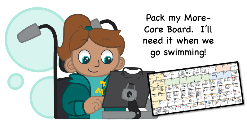 gvantatenhove's tweet photo. From John: “My daughter’s More-Core Board was a life-saver when she wanted to talk to her friends during swimming lessons. We laminated it and attached it to a kick-board. She paddles around, chatting with her friends.” #AAC #Minspeak https://t.co/Iv00L2MDa8 https://t.co/WzK99W7vp6