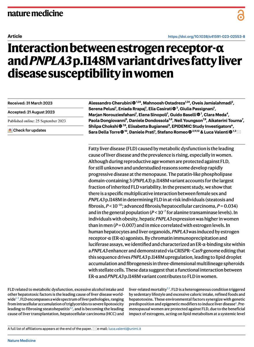 Why fatty liver disease progresses more rapidly in  WOMEN after menopause ?

This important study in <a href="/NatureMedicine/">Nature Medicine</a> shows that variations in ESTROGEN receptors play a key role.

shorturl.at/jqvZ9 #livertwitter <a href="/lucavalenti75/">Luca Valenti</a> <a href="/ebugianesi/">Elisabetta</a>