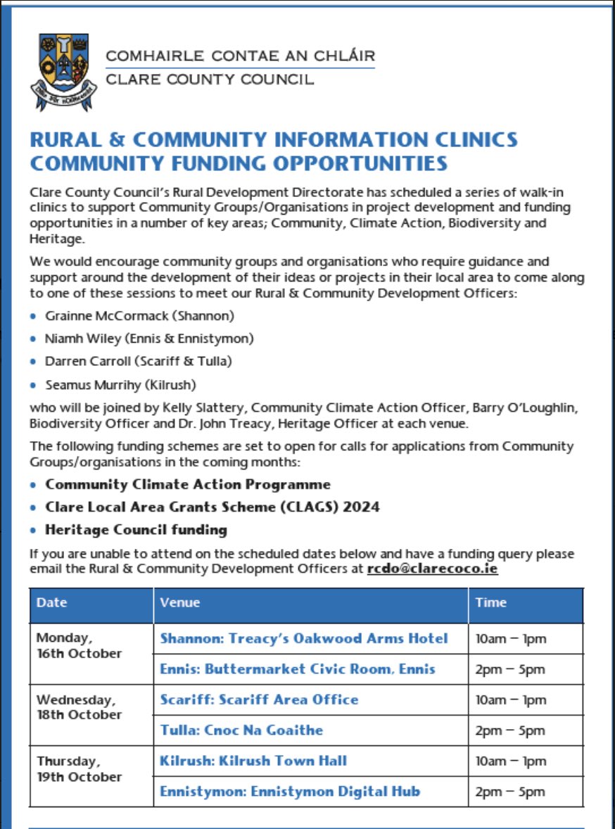 KillaloeCC's tweet photo. These clinics provide an opportunity to meet the Clare CoCo team and find out about funding options for your ideas or ongoing projects. https://t.co/fxQdC17828