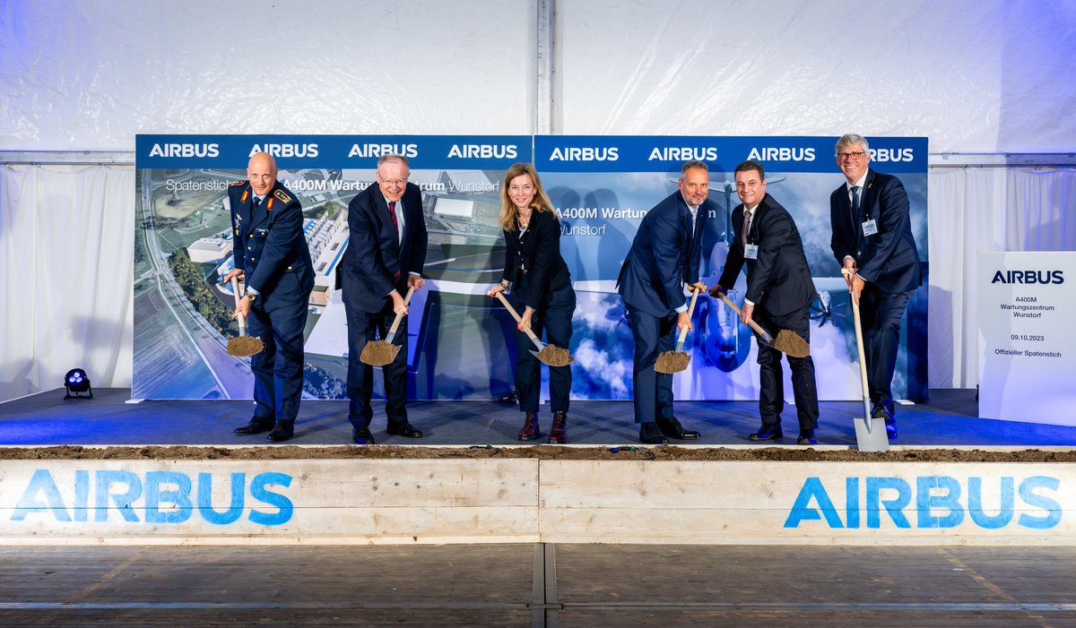 Airbus extends capacities to keep the German #A400M fleet in top shape. With the official ground-breaking ceremony on the site at Wunstorf Air Base 🇩🇪, home of the German Air Force's A400M military transport aircraft, we have kicked off construction of the new A400M Maintenance