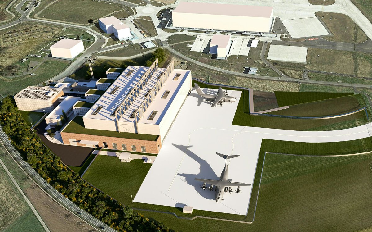 AirbusDefence's tweet photo. Airbus extends capacities to keep the German #A400M fleet in top shape. With the official ground-breaking ceremony on the site at Wunstorf Air Base 🇩🇪, home of the German Air Force's A400M military transport aircraft, we have kicked off construction of the new A400M Maintenance Centre. There, around 300 employees will service and maintain A400M aircraft from mid-2027. 
🔗 https://t.co/87qraIRtIf