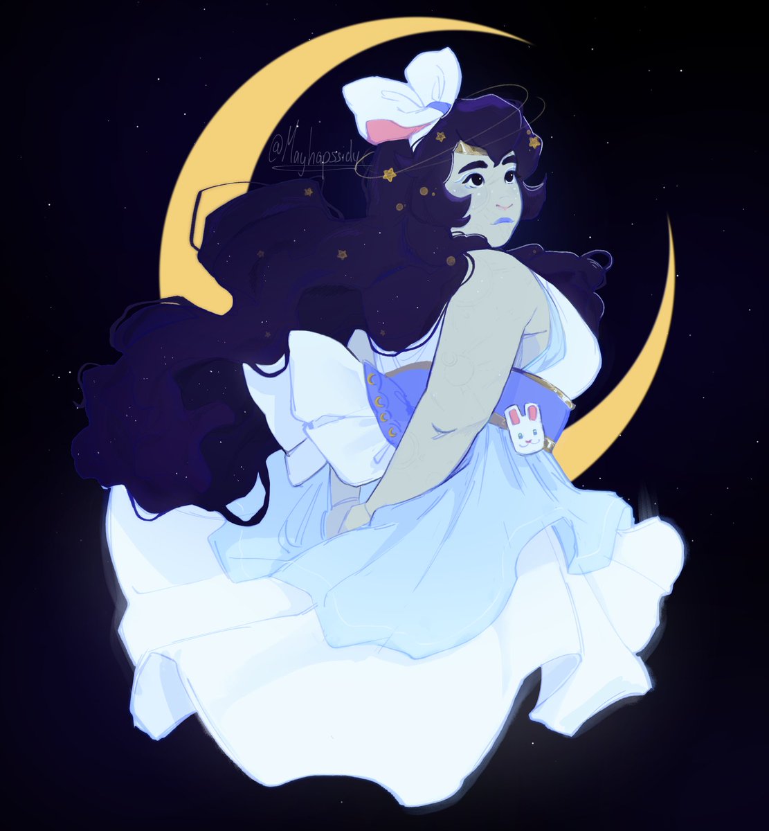 1girl solo long hair dress crescent moon bow moon  illustration images