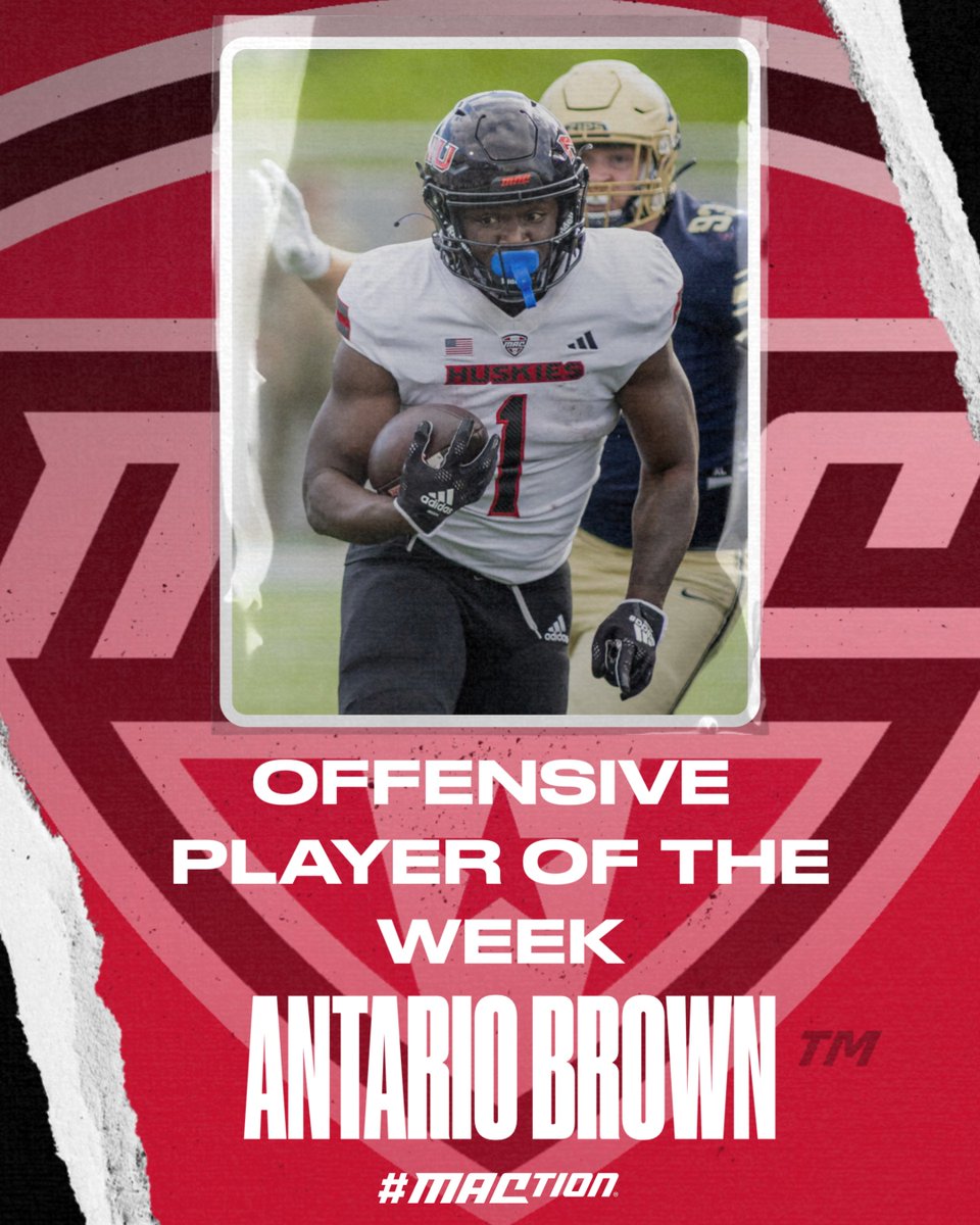 MACSports's tweet photo. NIU's @S1imeBrown ran for a career-high 280 yards and four touchdowns on just 13 carries to tie for the most rushing yards by a FBS player this season. 

Brown became just the sixth player in NIU history to run for 280 or more yards in a game and his four touchdowns were the most by a Huskie since 2016. Brown's average 21.5 yards per rush broke the NIU record. 

@NIU_Football | #MACtion
