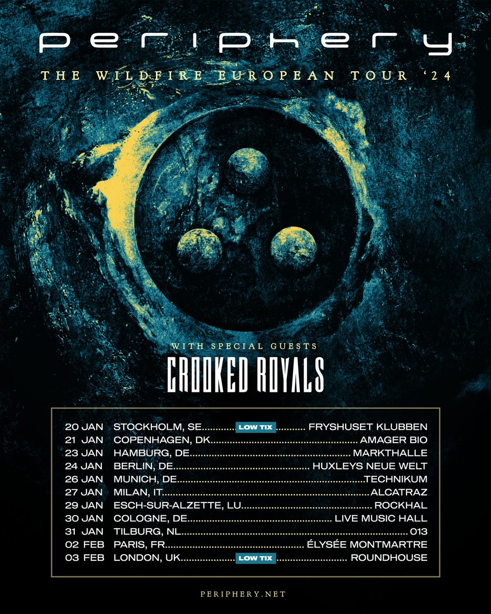 We're proud to announce <a href="/CrookedRoyals/">CrookedRoyals</a> has been added as support to <a href="/PeripheryBand/">Periphery</a>'s 2024 Wildfire European Tour.

Only a few tickets are left for Stockholm and London. Ticket links are up on periphery.net.