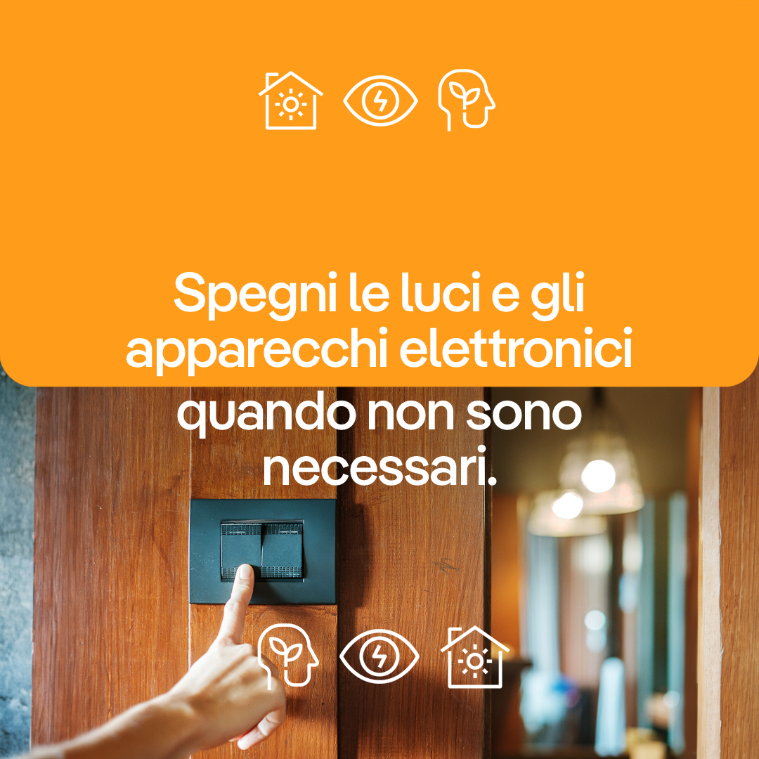L'energia è preziosa, e ogni piccolo gesto conta! 💡  ➡️Quando hai finito di usare le luci, spegnile 
➡️ Stacca il caricatore del tuo cellulare una volta carico  
➡️ Usa la modalità stand by stand by quando ti allontani dal computer 
Ricordati di farlo anche in ufficio! 💼