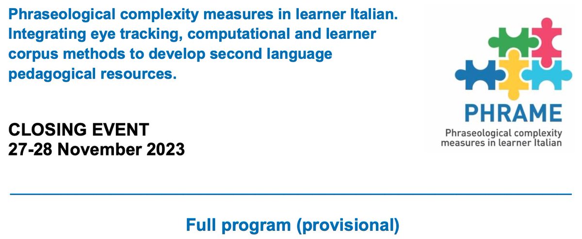 Stefania Spina (@sspina) on Twitter photo I am happy to announce that the program for the #PHRAME conference on L2 #phraseology is out! We have an exciting line-up of talks, keynotes, and a roundtable.
Registration is open
👇👇
unistrapg.it/it/node/10486
We look forward to seeing you in Perugia!
<a href="/l_for_ti/">Luciana Forti</a>
@p_durrant I am happy to announce that the program for the #PHRAME conference on L2 #phraseology is out! We have an exciting line-up of talks, keynotes, and a roundtable.
Registration is open
👇👇
unistrapg.it/it/node/10486
We look forward to seeing you in Perugia!
<a href="/l_for_ti/">Luciana Forti</a>
@p_durrant