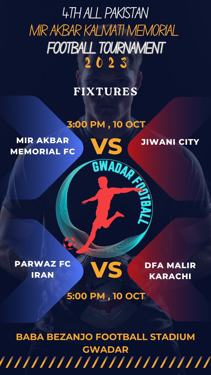 4th All Pakistan Mir Akbar Kalmati memorial Football Tournament Gwadar 2023
Results of the day, 9th October:
DFA Gwadar 1-1 Pasni City
Kalath 2-5 Candyland

Fixtures of the day 10th October:
Mir Akbar Memorial Fc vs Jiwani City
3:00 pm
Parwaz Fc Iran vs DFA Mallir Karachi
5:00 pm