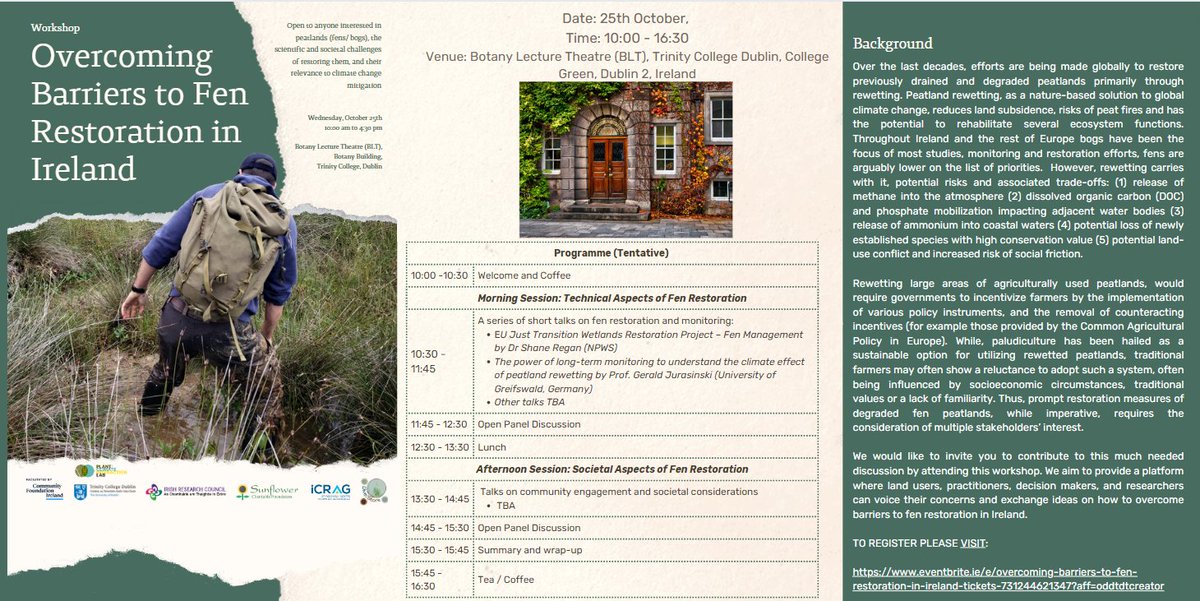 As part of the DIVE2STORE project, we are organizing a workshop titled "Overcoming Challenges to Fen Restoration in Ireland" at the Botany Building, Trinity College Dublin, Ireland on the 25th of October, 2023. Details &amp; registration: tinyurl.com/2ssu8rbj