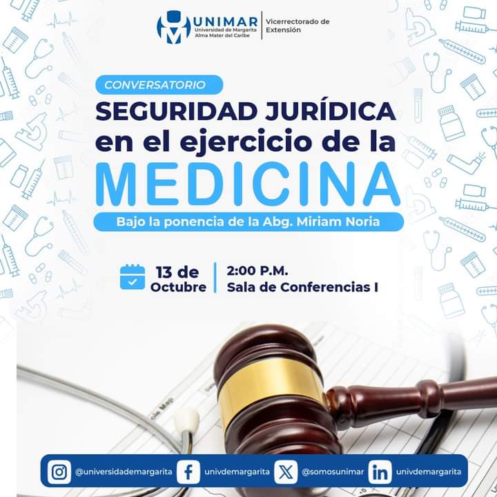 somosunimar's tweet photo. Conversatorio sobre "Seguridad Jurídica en el Ejercicio de la Medicina", a cargo de la destacada abogada Miriam Noria, el viernes #13deOct, a las 2 PM en Sala de Conferencias I
➡️ Costo por participante: $10
➕ información:
vicerrectorado.extensión@unimar.edu.ve https://t.co/13XVdY1oja