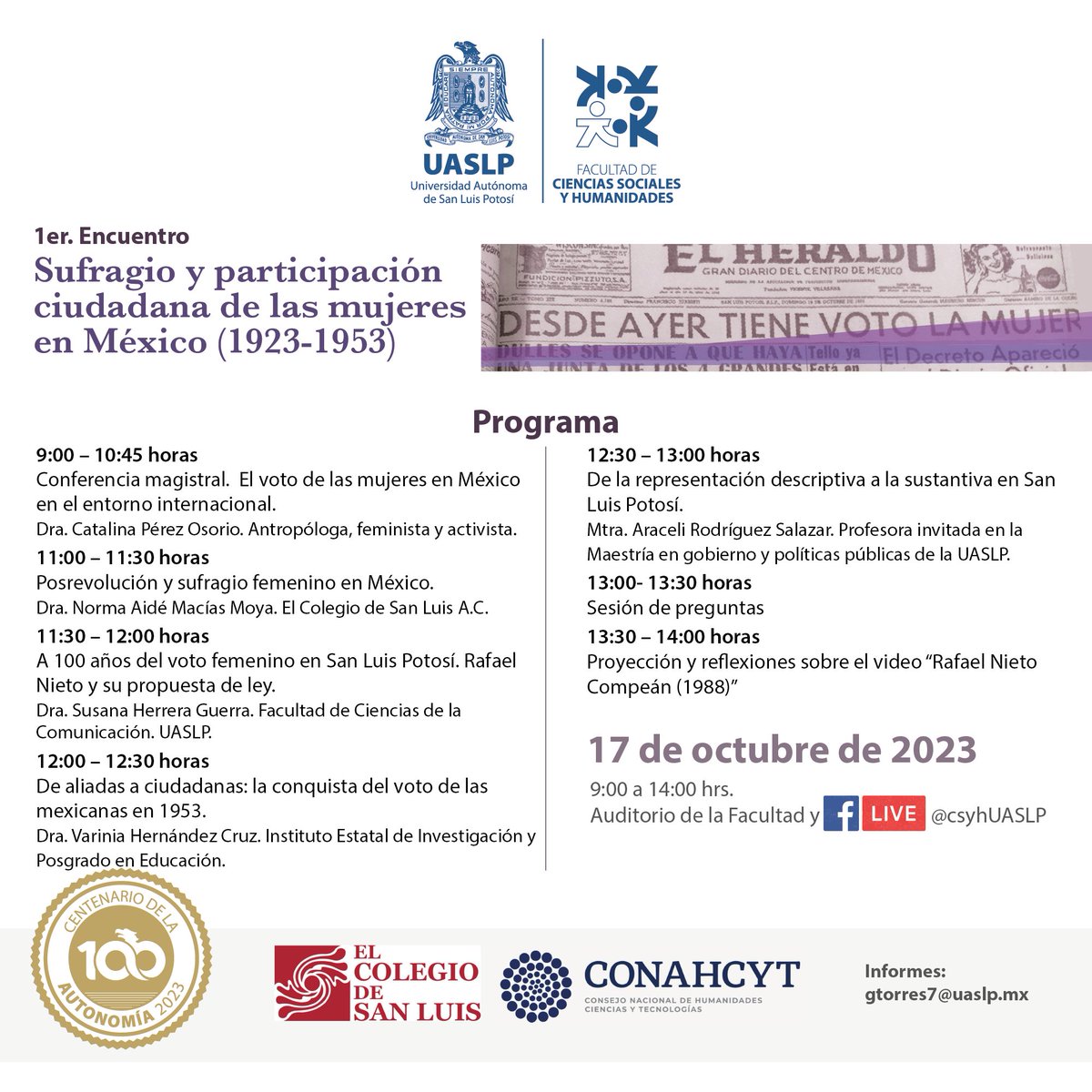 csyhUASLP's tweet photo. ::El próximo martes::
#historia #UASLP #FCSYH #COLSAN #encuentro #sufragio #participacióndelasmujeres https://t.co/sc7xPVWAnL