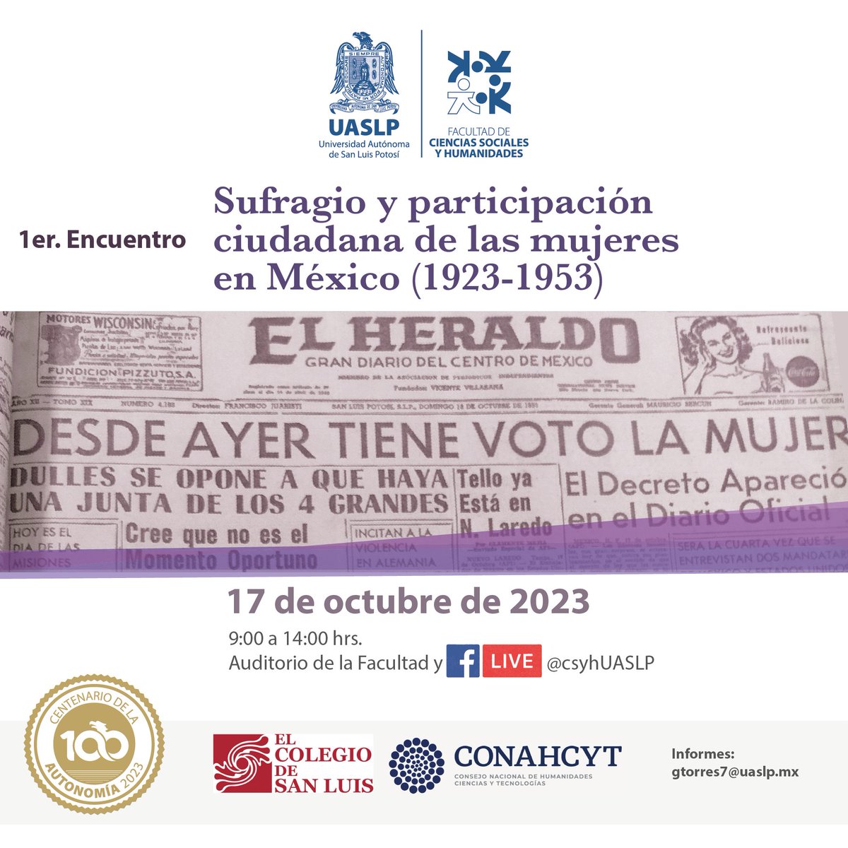 csyhUASLP's tweet photo. ::El próximo martes::
#historia #UASLP #FCSYH #COLSAN #encuentro #sufragio #participacióndelasmujeres https://t.co/sc7xPVWAnL