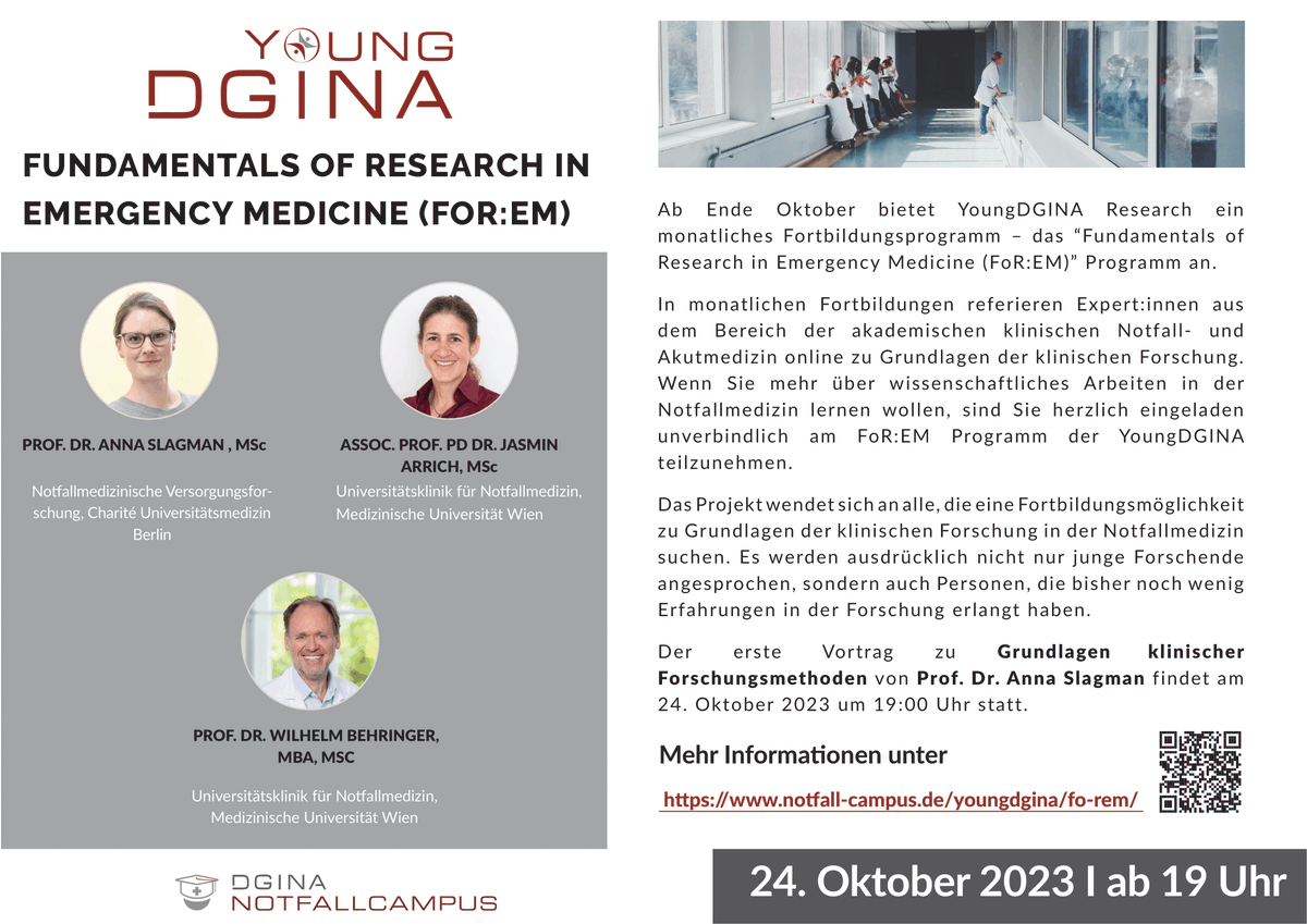 YoungDGINA Research #FoREM geht live! 

Zusammen mit dem Board Wissenschaft der @DieDGINA starten wir ab dem 24. Oktober ein Fortbildungsprogramm zur Forschung in der klinischen Akut- und Notfallmedizin. 

Mehr Infos &amp; Zoom-Links gibt es hier: 
notfall-campus.de/youngdgina-fo-…