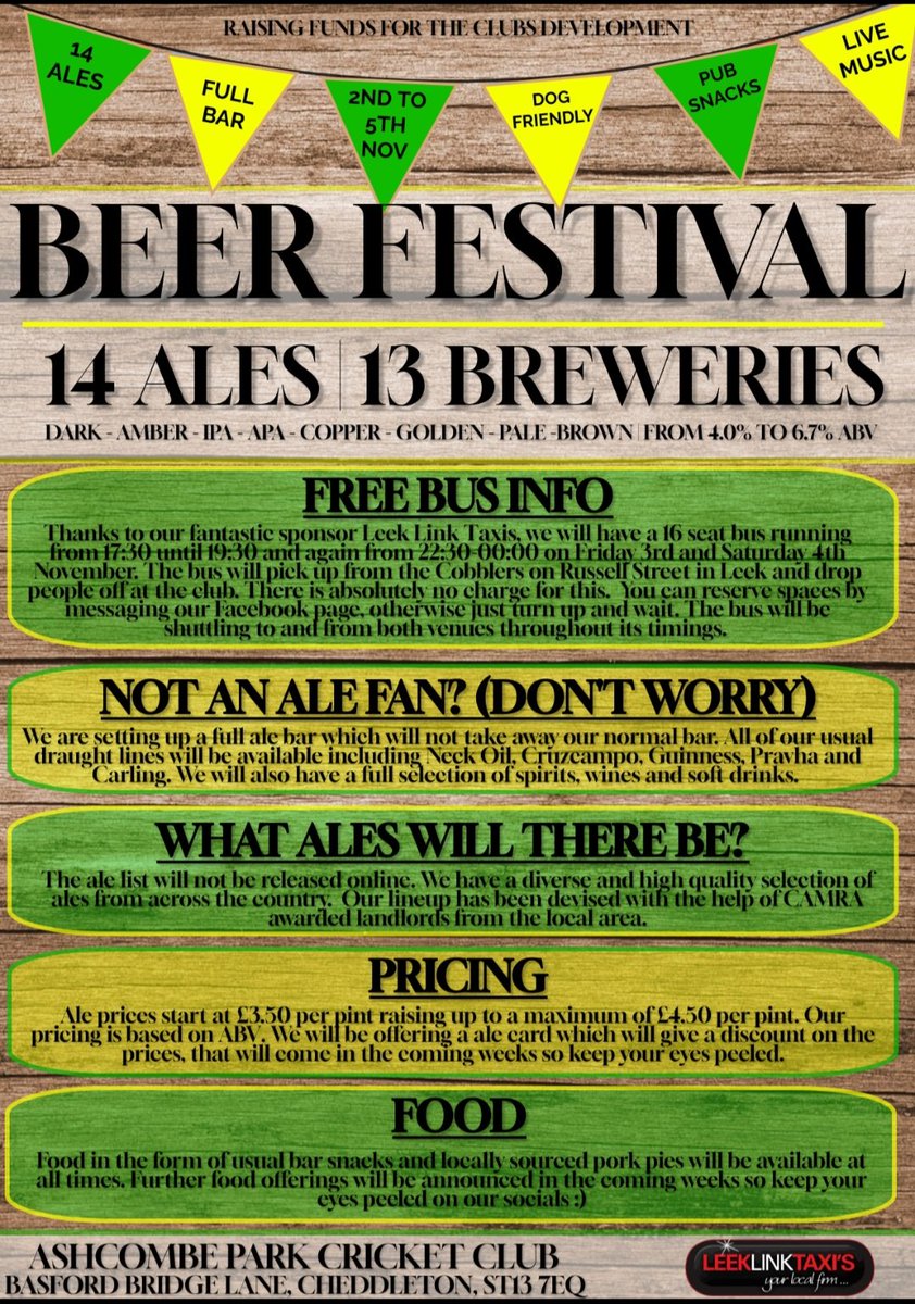 AshcombeParkCC's tweet photo. Beer Festival, 14 real Ales, lager, cider, spirits and soft drinks. Bar snacks, live music, 2x big tvs, log burner, family friendly, loads of space, dart boards, fruit machine. Oh and a free bus to and from Cobblers in Leek!! No excuse to miss this great event !! @CAMRAPotteries https://t.co/Wvj274zFBz