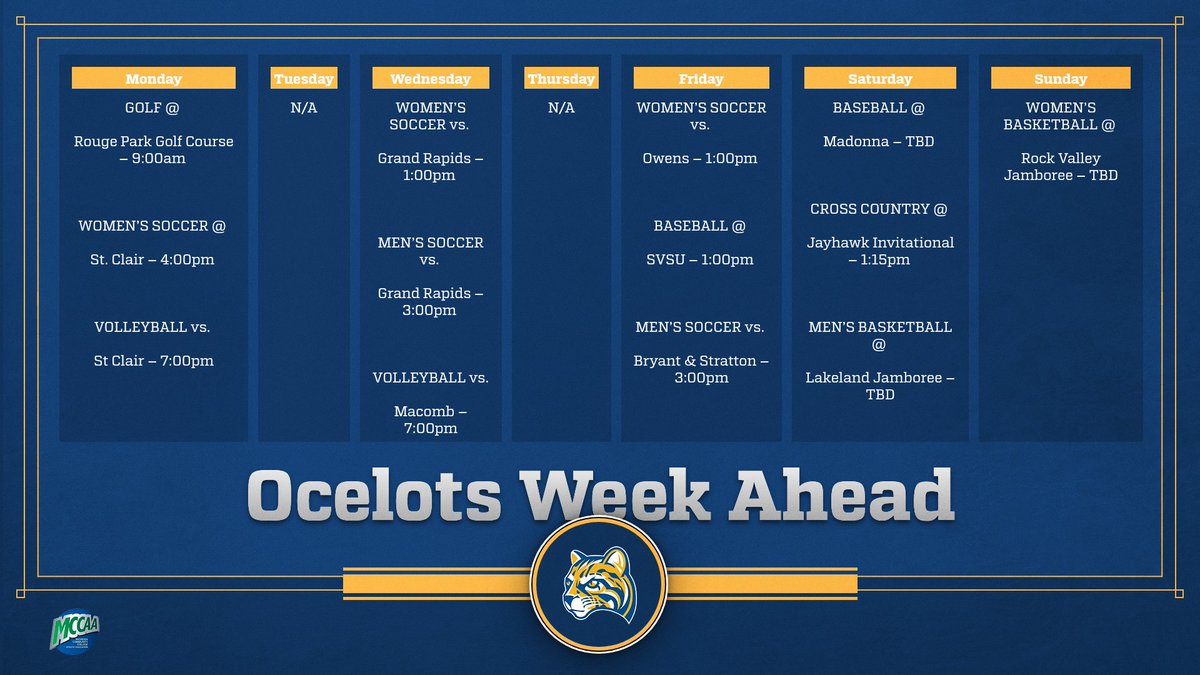 OcelotAthletics's tweet photo. Plenty of Ocelot action this week!

Come out and support your Ocelots in another great week of Ocelot athletics!

#OcelotPride https://t.co/rYWv6HMWRg