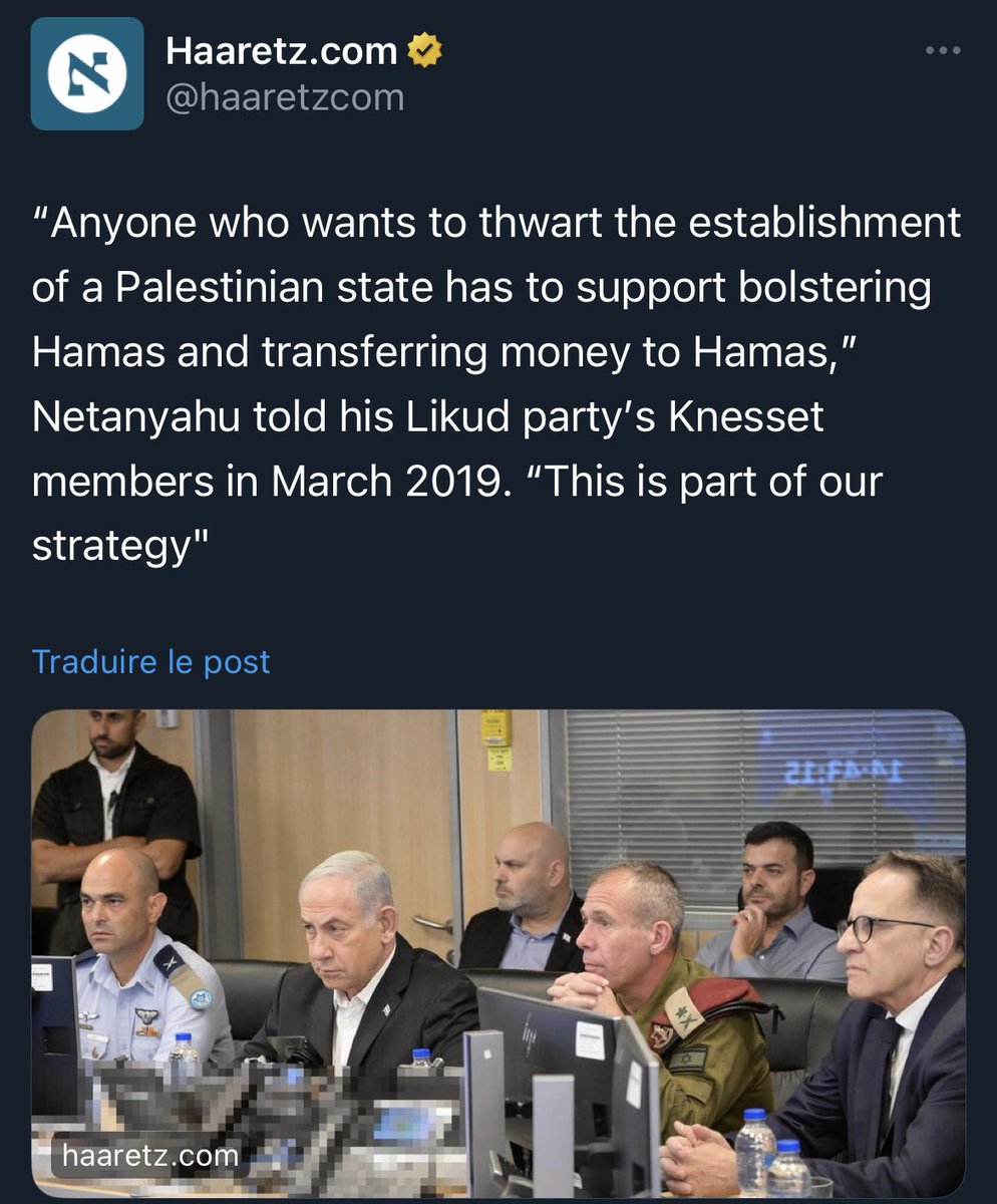 GuiraudInd's tweet image. Terrible rappel à la réalité du journal israélien Haaretz sur une déclaration de Netanyahu en 2019 : « Quiconque veut contrecarrer la création d’un État palestinien doit soutenir le renforcement du Hamas et transférer de l’argent au Hamas. Cela fait partie de notre stratégie ».