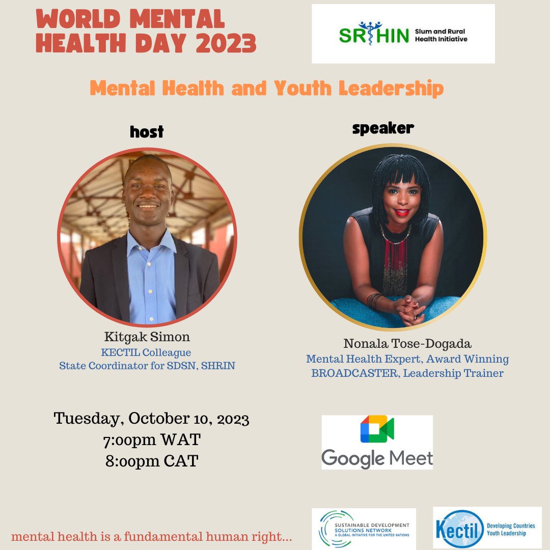 SimonKitgak's tweet photo. Discover how to take ownership of your mental health ๐ง and leadership potential ๐ช as a young person.
Join us on this transformative session
https://t.co/TSx6lDdbjl
Mark your Calendarโ
See you soon ๐ค๐๐คฉ
#mentalhealthday
#youthleadership
#sdnsnigeria
#kectil https://t.co/yGtb2AXM2k