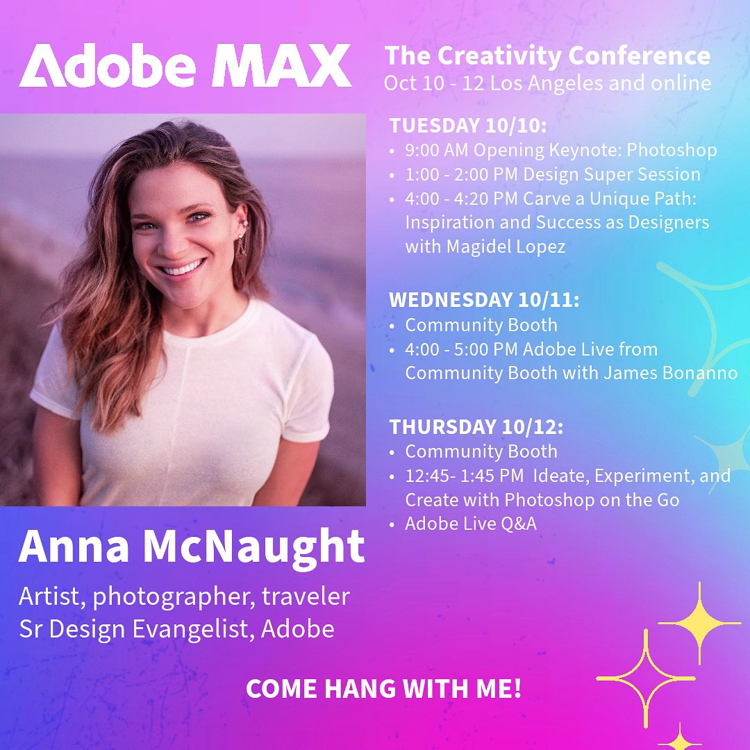 Tomorrow, we take the big stage for the #AdobeMAX opening keynote!  I can’t believe it!! 🤯  I hope to see you in person but if you can’t make it, watch here > max.adobe.com/max-online/  to see what’s new in the @Adobe world!

#communityxadobe