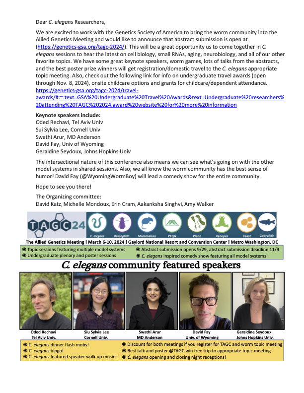 The C. elegans committee <a href="/MondouxLab/">The Mondoux Lab</a> @ErinCram <a href="/SinghviLabGlia/">Aakanksha Singhvi</a> <a href="/akwalker_lab/">Amy Walker Lab</a> <a href="/Katz_Lab/">David Katz</a> is excited to announce that abstract submission for the Allied Genetics Meeting March 6-10, 2024 is now open! genetics-gsa.org/tagc-2024/abst… <a href="/GeneticsGSA/">Genetics Society of America</a> #tagc
