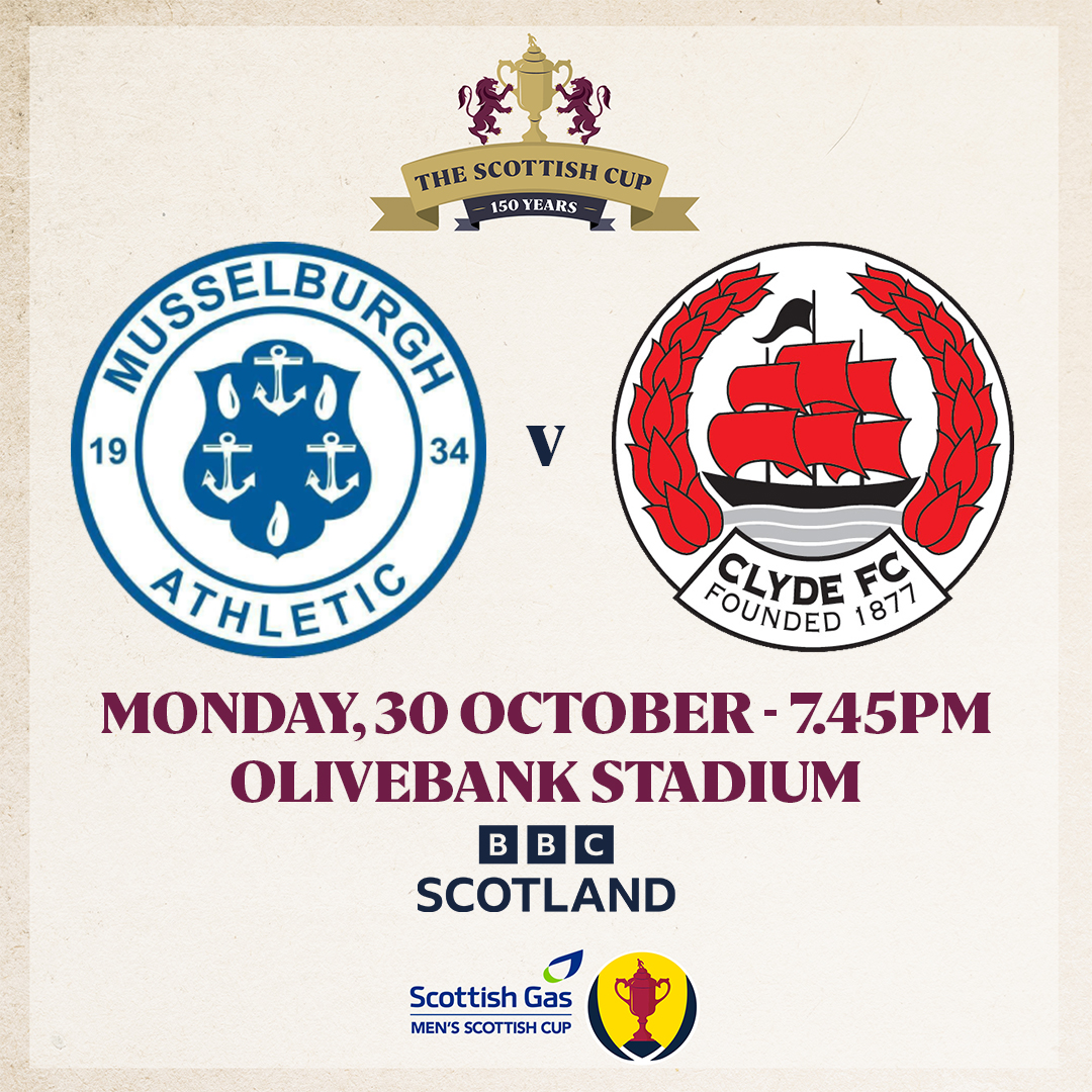 📺 <a href="/MusselburghAth/">Musselburgh Athletic</a> v <a href="/ClydeFC/">Clyde FC</a> has been chosen as the television pick for the <a href="/scottishgas/">Scottish Gas</a> Men's Scottish Cup Second Round.

The match will be shown live on <a href="/BBCScotland/">BBC Scotland</a> on Monday, 30 October at 7.45pm.

#ScottishCup