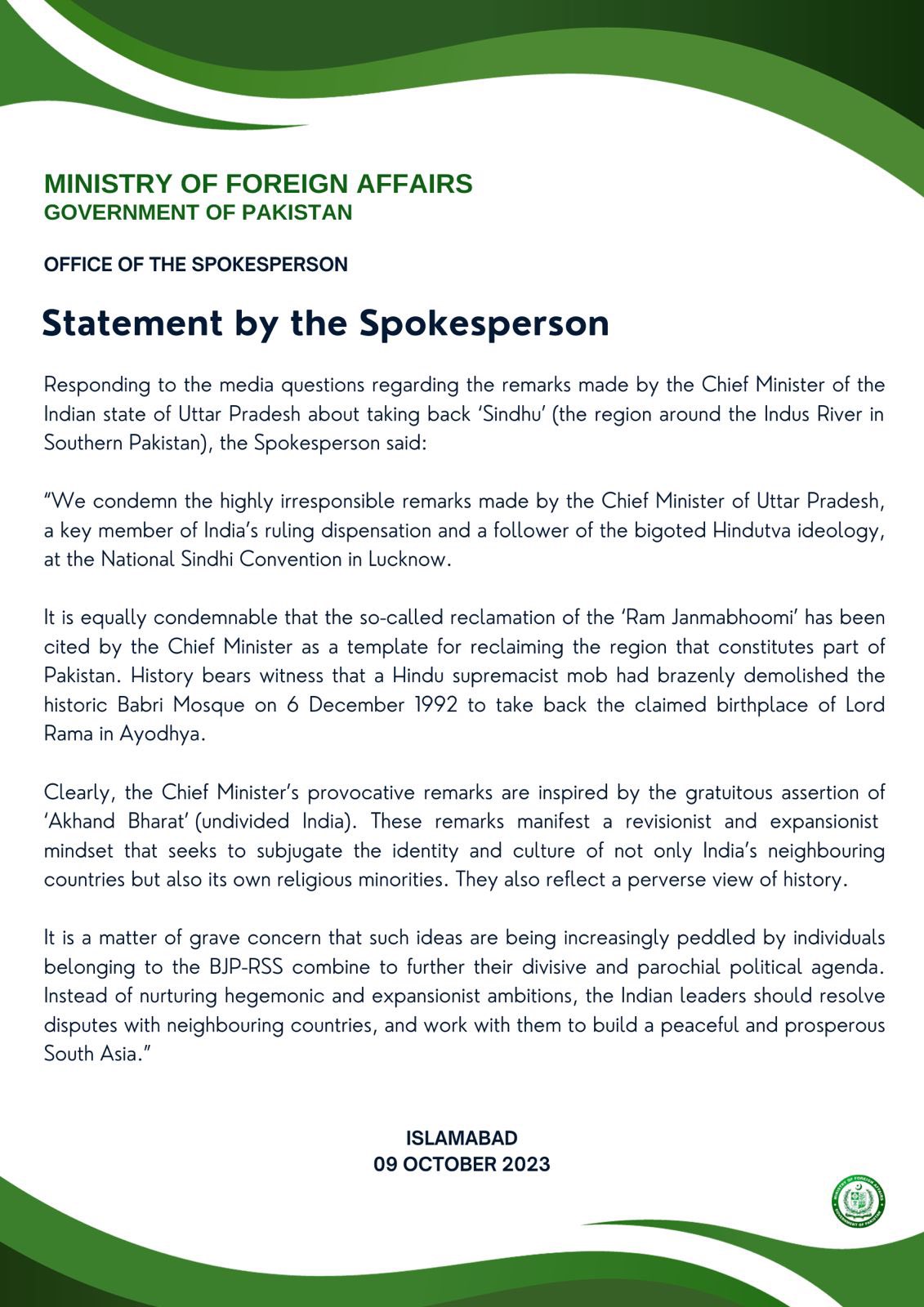 Pakistan condemns Indian chief minister's 'irresponsible' remarks