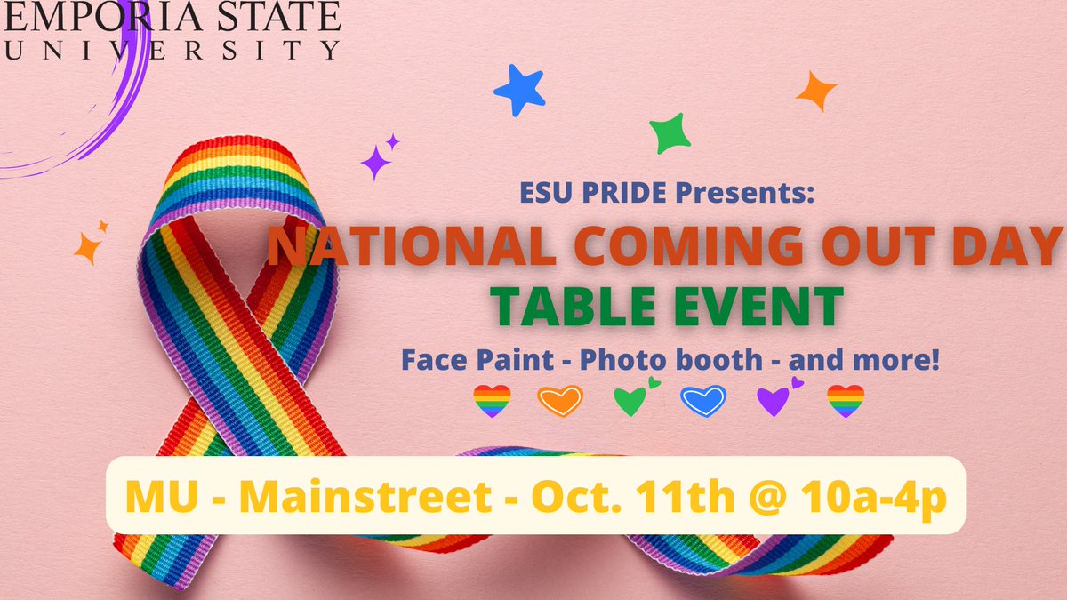 ESUPRIDE1's tweet photo. Did you know National Coming Out Day is on October 11? Stop by and see PRIDE from 10am-4pm outside the CSI in the Memorial Union. We will have a cute backdrop with flags, buttons, + more stuff available for you all!! We hope you can make it! 🩷❤️🧡💛💚🩵💙💜🖤🩶🤍🤎🏳️‍🌈 https://t.co/GvjlJQNM8u