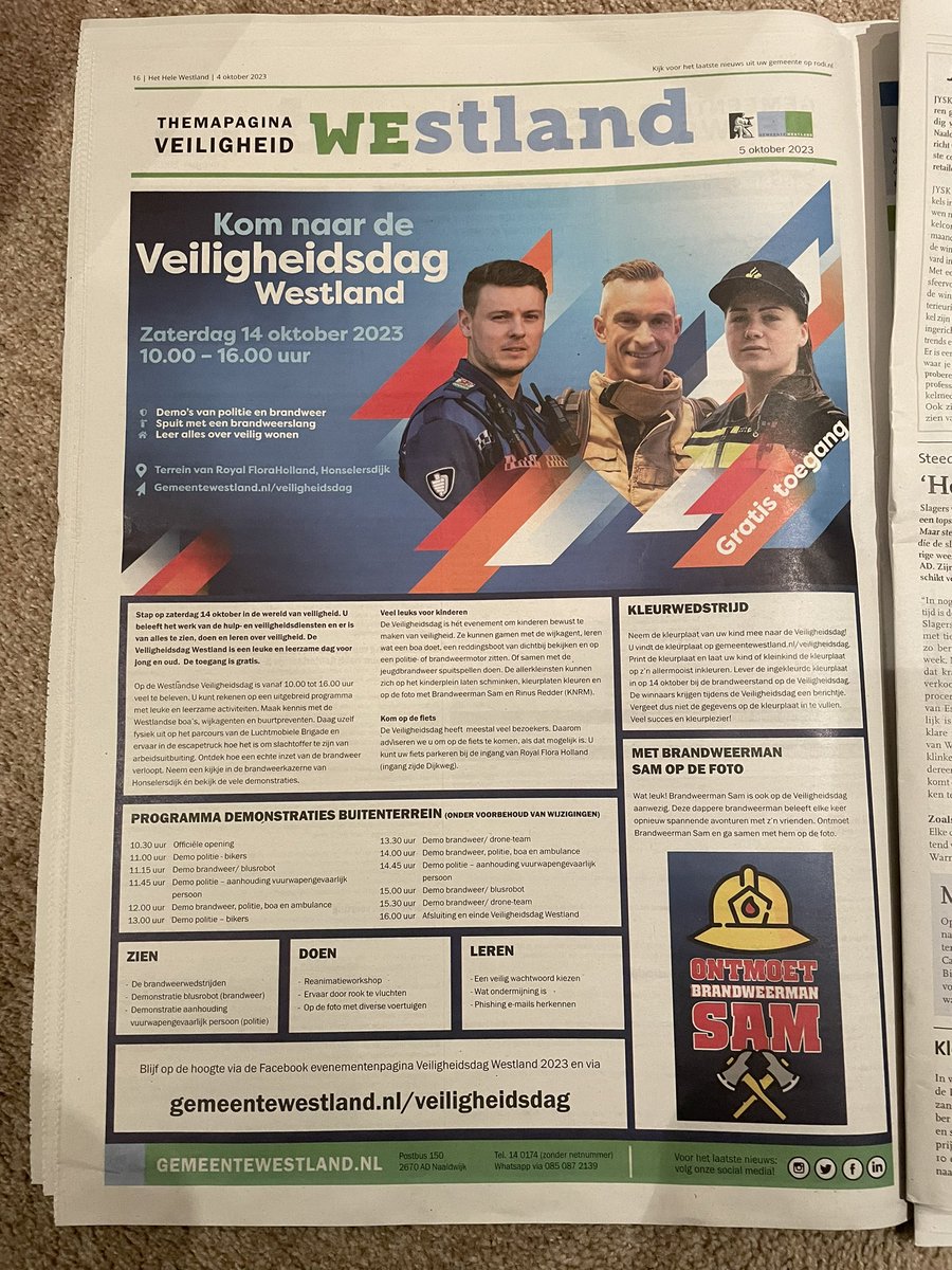 🖍️ Zijn de kinderen uit jullie omgeving al aan het kleuren?
Wij zijn benieuwd naar de mooie kleurplaten! 🌈 Ze kunnen worden ingeleverd bij de brandweer 🔥 op de Veiligheidsdag Westland op 14 oktober. <a href="/HVeilig/">Haaglanden Veilig</a> 
🫣 Geen kleurplaat? Ook te printen vanaf de website evenement.