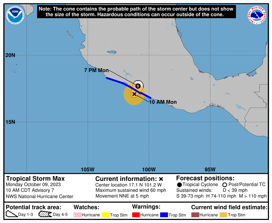 LimWeather's tweet photo. 60mph #Max forecast to peak now with a #tropicalstormwarning in effect from #Acapulco to #PuntaSanTelmo, which is covers most of #guerrero and #michoacan states
life threatening #Flooding and #Mudslides are likely
#Wxtwitter #Tropicswx #Mexico #TropicalStorm #TropicalStormMax https://t.co/VAKIhPpfcX