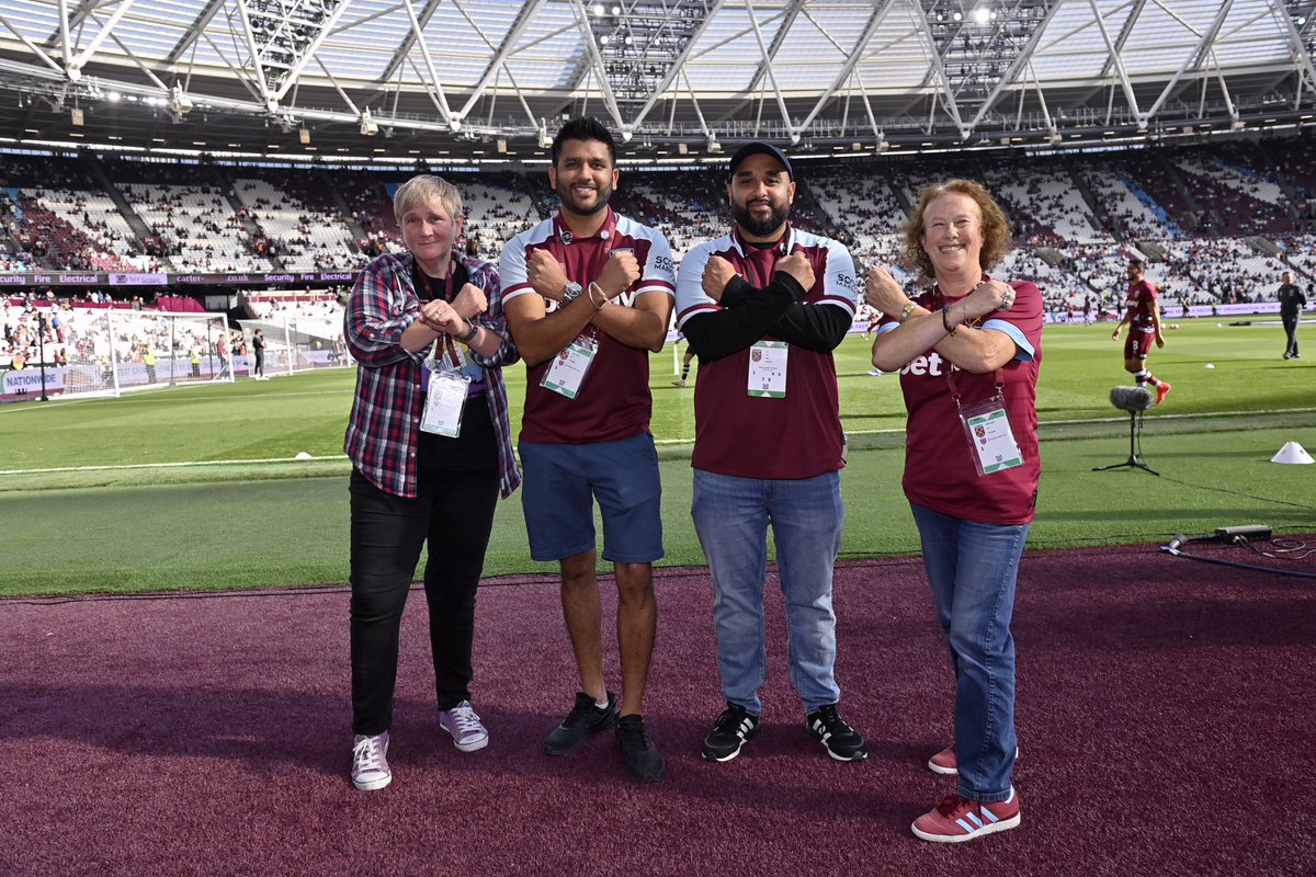 Our Co-Chair Jo representing @PrideOfIrons at the @WestHam stadium Proud to stand alongside other groups to help stamp out discrimination @InclusiveIrons @anton_ferdinand @whust_whufc #NoRoomForRacism #WHUfamily
