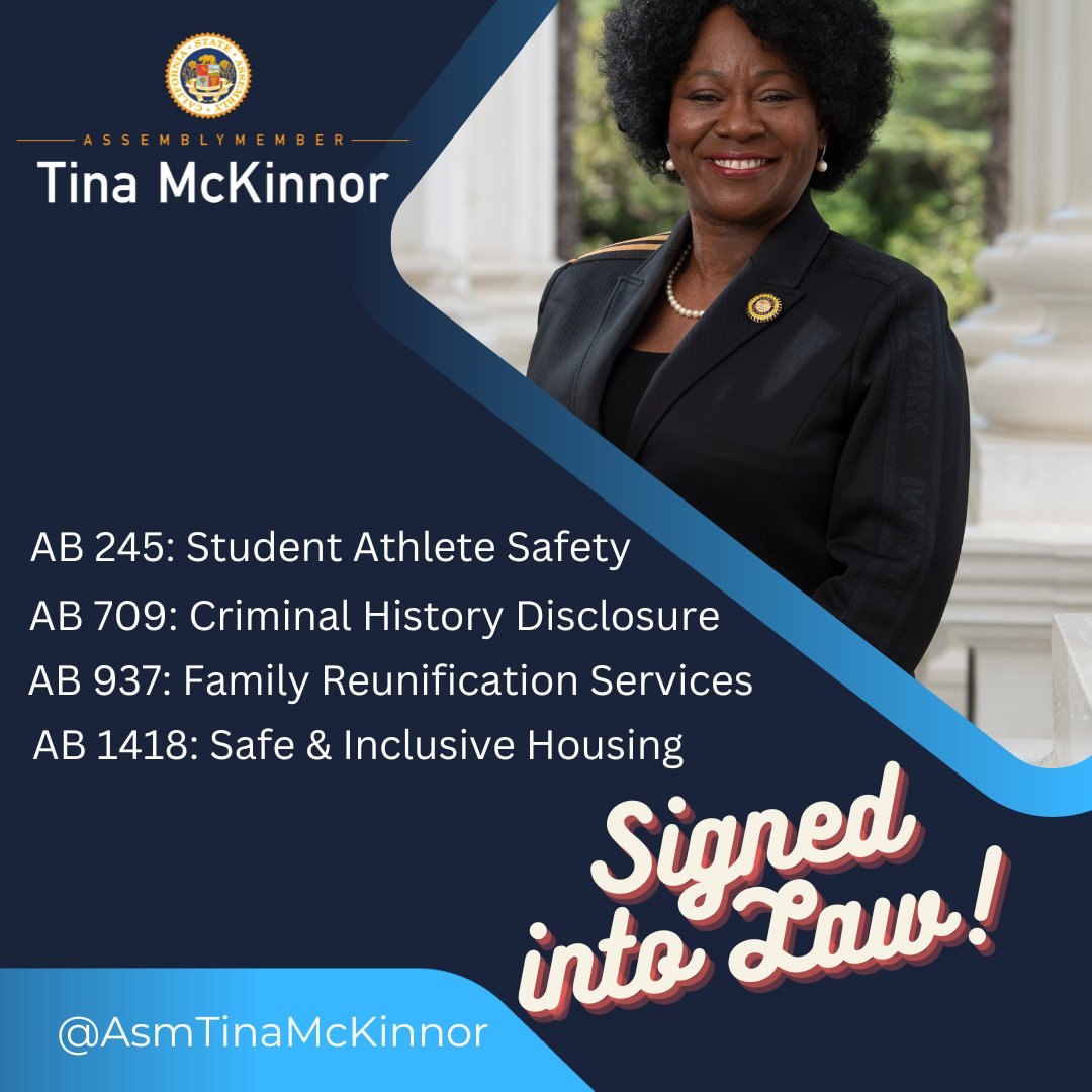 Excited to announce that four of my bills have been signed into law by Governor Newsom. These laws will keep kids safe while playing sports, increase transparency in criminal trials, promote foster care family reunification &amp; create safe &amp; inclusive housing for all Californians.
