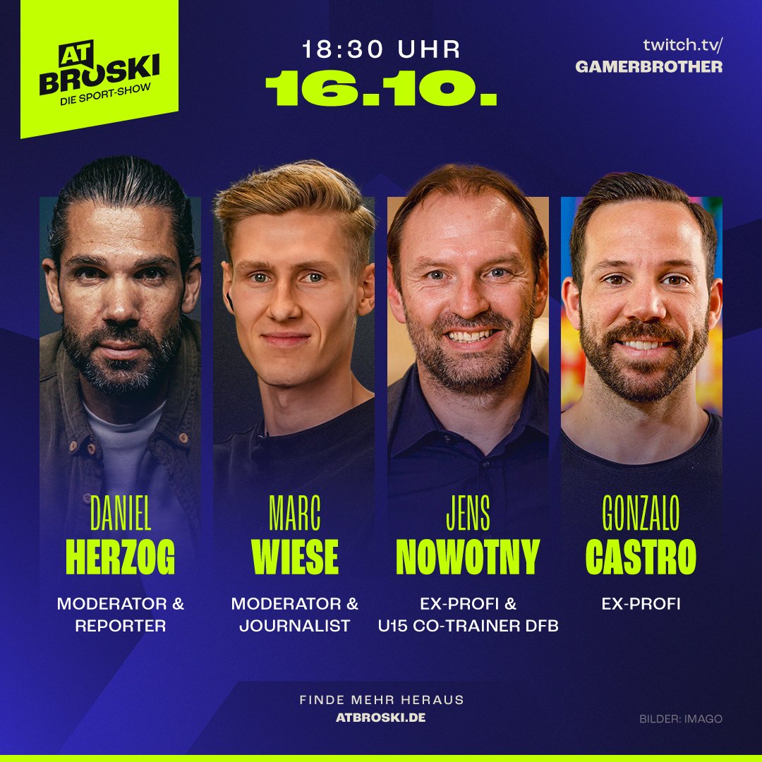 AtBroskiShow's tweet photo. Wir freuen uns auf Daniel Herzog, Marc Wiese, Jens Nowotny und Gonzalo Castro als Gäste in unserer Show am 16. Oktober in Köln! 😊

Moin! 👋 https://t.co/wktlgNIyww