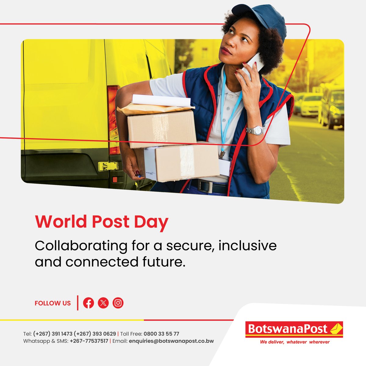 Botswana_Post's tweet photo. Let's celebrate the power of global connections, trust, and collaboration in shaping a safer and more connected tomorrow. Happy World Post Day! ๐ ๐ฎ
#WorldPostDay #BotswanaPost
#SafeAndConnectedFuture #TogertherForTrust https://t.co/rb9byWjOLc