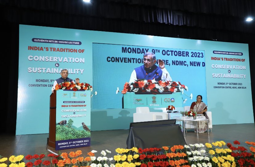 NITIAayog's tweet photo. NITI Aayog’s 11th #NITILecture, part of the #NITILectureSeries on 9th October 2023, focused on "India's Tradition on Conservation and Sustainability." Shri S. Gurumurthy, Chairman of Vivekananda International Foundation, shared profound insights on India's rich #Conservation traditions, and also on how Indian ethos and solutions can lead to a sustainable future. He emphasized upon the importance of diversity, culture,  a new way of thinking based on sustained relations not on short term contracts for welfare of all. #SustainableFuture!
#NITIAayog #PMOIndia