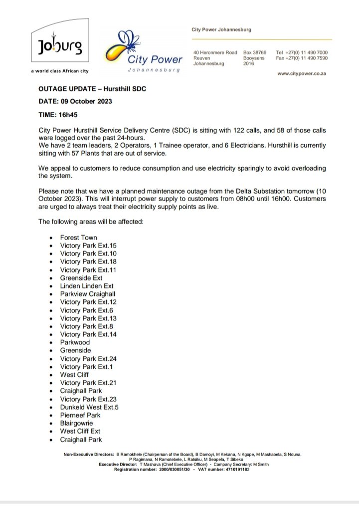 CityPowerJhb's tweet photo. #JoburgUpdates #HursthillSDC
Please note that we have a planned maintenance outage from the #DeltaSubstation tomorrow (10
October 2023). This will interrupt power supply to customers from 08h00 until 16h00.
Customers are urged to always treat their electricity supply points as live.^LP
