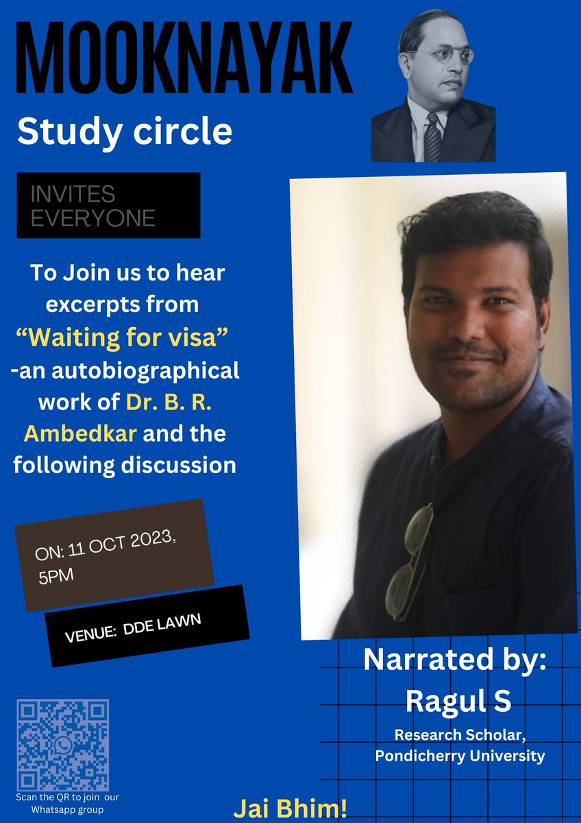 pu_asa's tweet photo. Warm welcome to everyone to join us in hearing @Ragul_IN discussing the excerpts from Dr. B. R. Ambedkar's autobiographical work "Waiting for Visa" on October 11th, 5pm at DDE lawn, Pondicherry University. https://t.co/wznE9axPiE