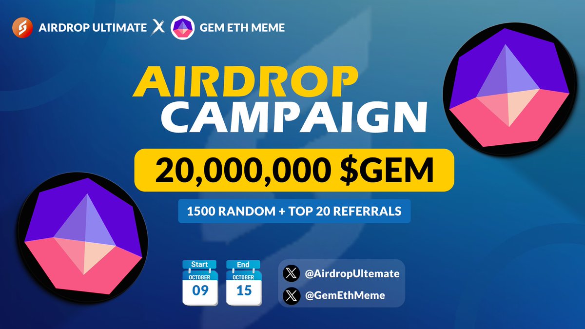 🥳 Gem ETH Meme X Airdrop Ultimate #Giveaway 

🏆 Prize Pool «» 20,000,000 $GEM

✅ Follow <a href="/AirdropUltemate/">Airdrop Ultimate</a> &amp;
@GemETHMeme
✅ Like, RT &amp; Tag 3 Friends
✅ Complete #Gleam⤵️
gleam.io/rqeXK/gem-eth-…

⏳ Ends 15th October

#GEMETHMeme #Airdrop #Giveaway #Crypto #GEM #ETH #Meme