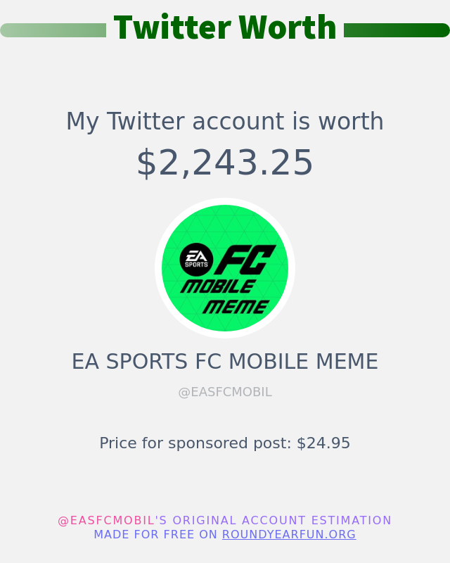 My Twitter worth is: $2,243.25

➡️ funxgames.me/twitterworth